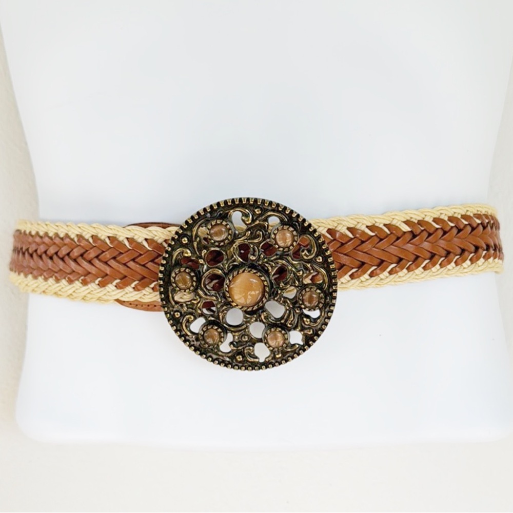 Coldwater Creek brown tan genuine leather decorative buckle woven belt size XL